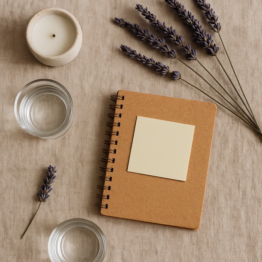 Flat lay of calming items including lavender sprigs, a candle, a cork notebook with a sticky note, and glasses of water on a linen background.