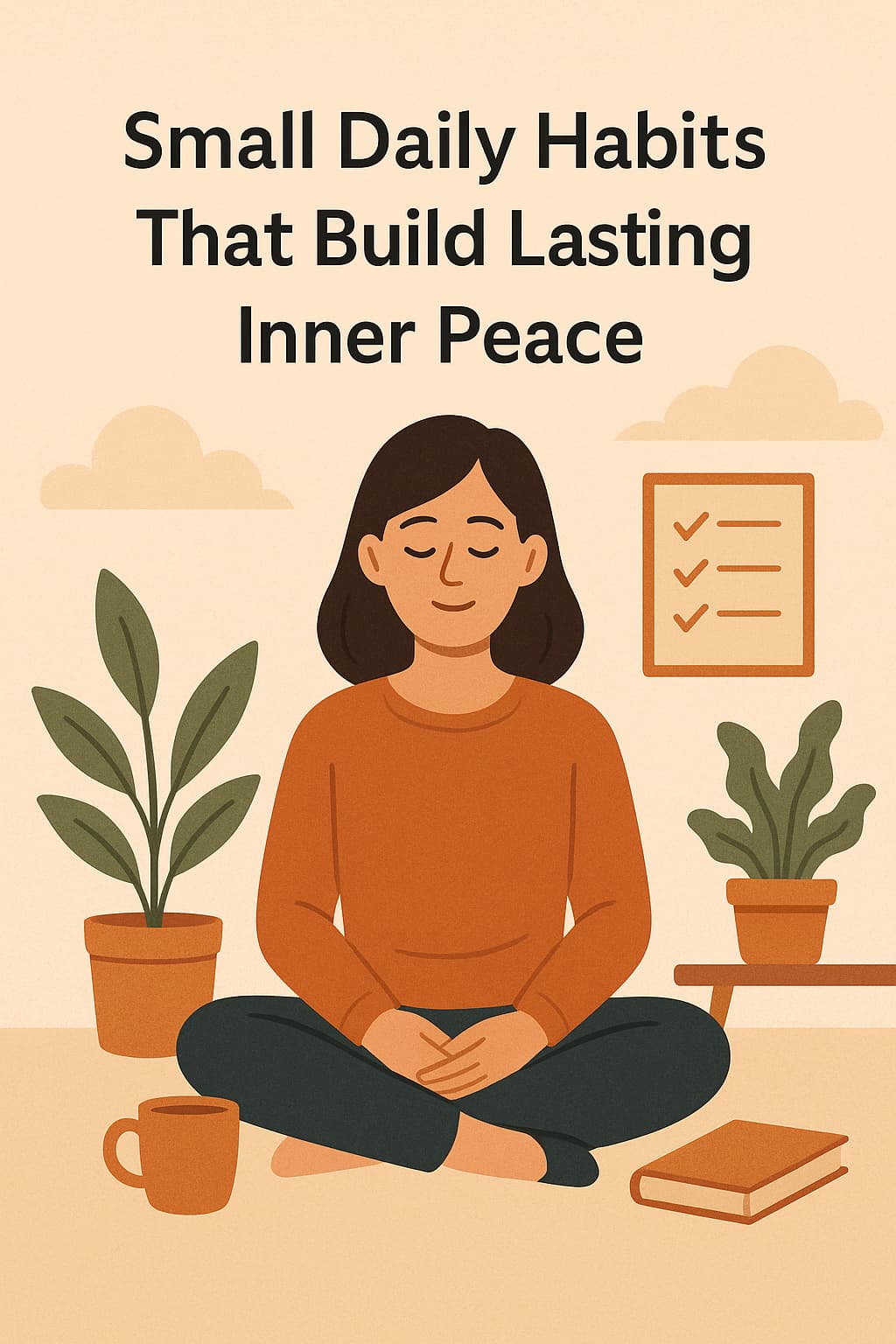 Illustration of a calm woman sitting cross-legged with hands gently resting in her lap, surrounded by peaceful elements like plants, a checklist, a book, and a warm drink, symbolizing small daily habits that foster inner peace.