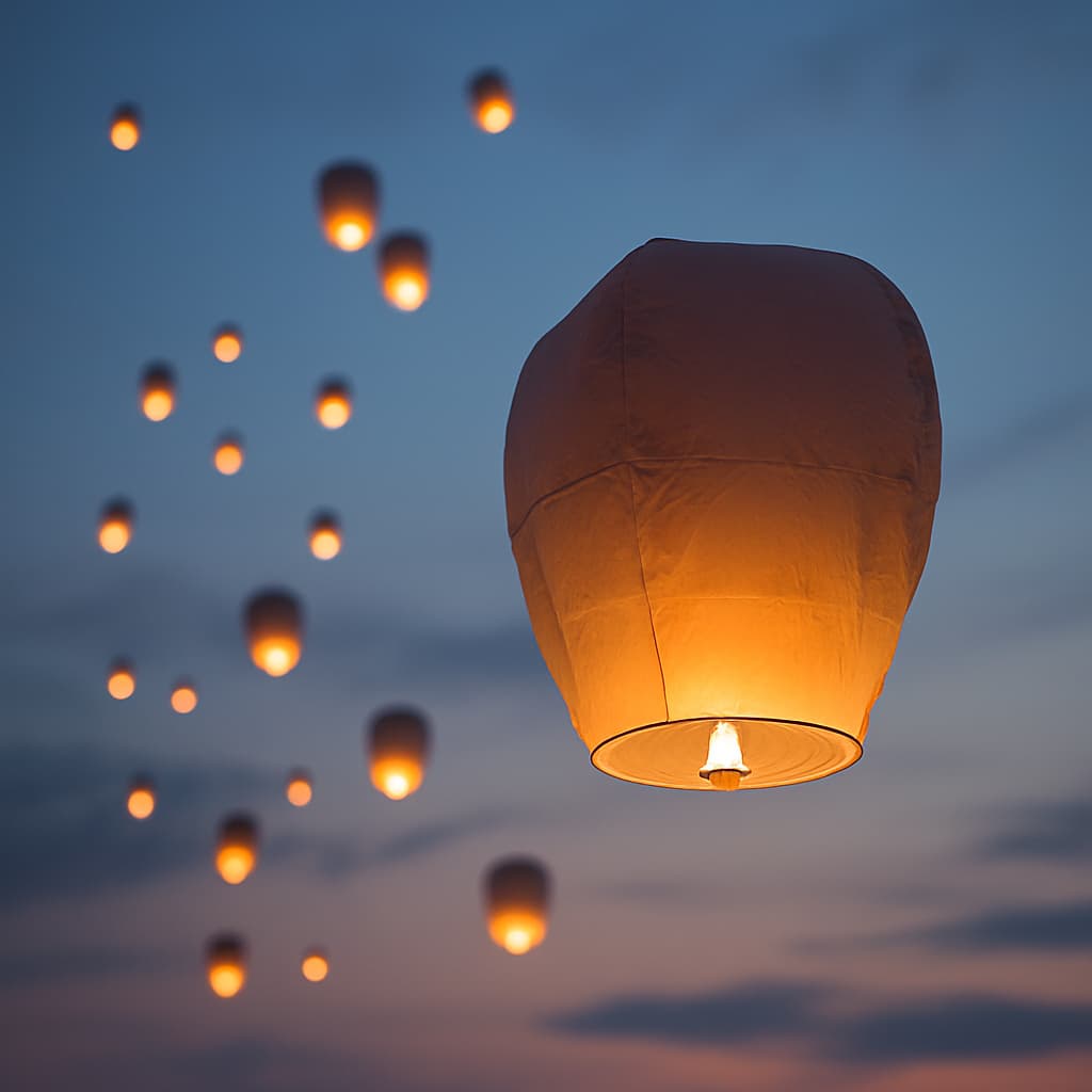 Softly glowing paper lanterns floating into the dusk sky, symbolizing emotional release, mindfulness, and the quiet freedom of letting go.