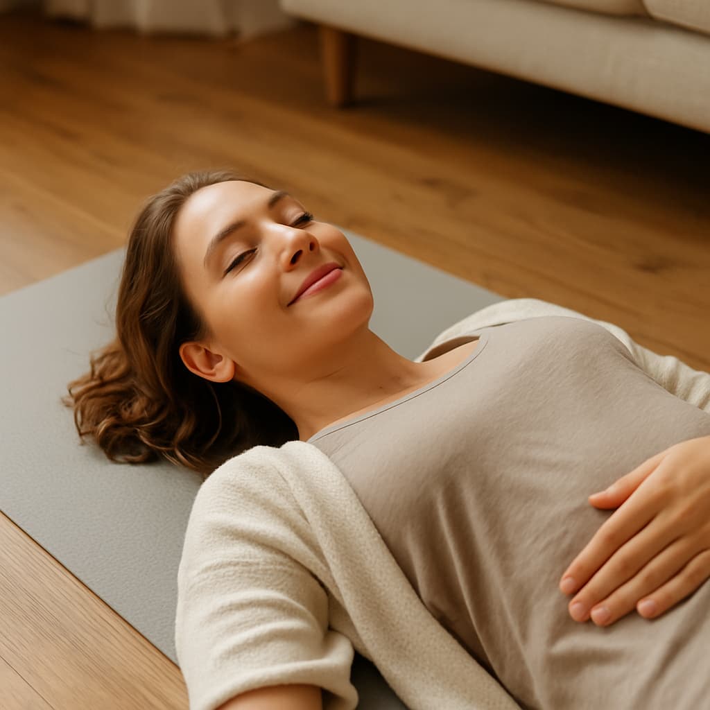A young woman lying on her back on a yoga mat with a slight smile, her hands resting gently on her stomach, in a peaceful, softly lit room — evoking calm and body awareness through MBSR practice.