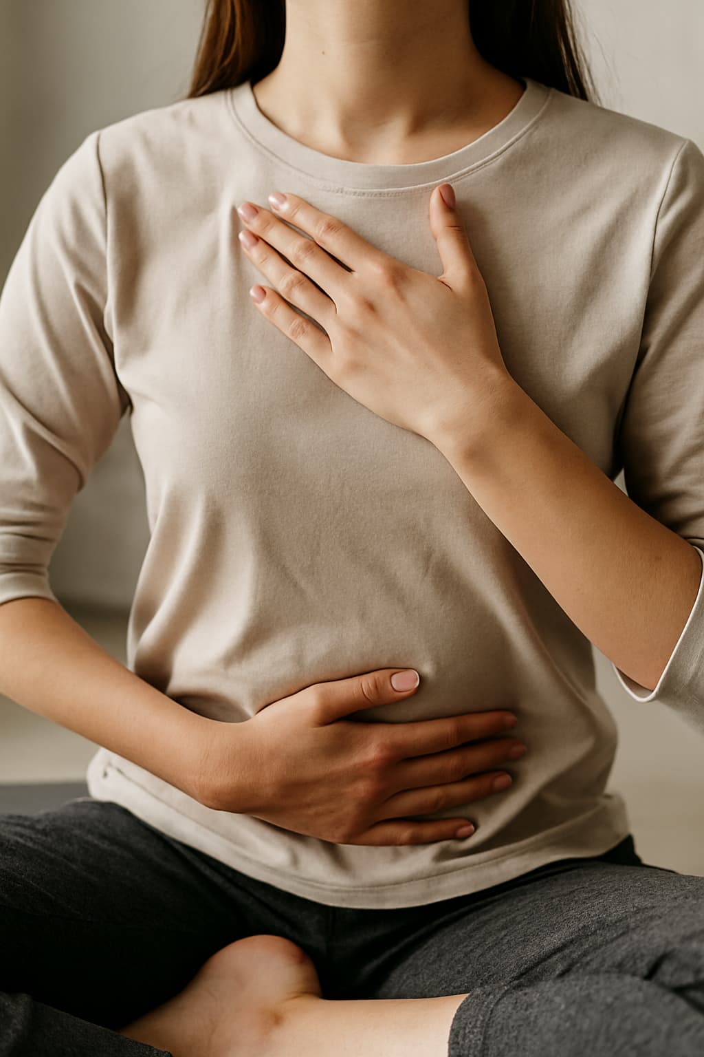 A close-up view of a person’s hands resting gently on their stomach, seated upright in a relaxed posture, symbolizing awareness and calm through mindful breathing.