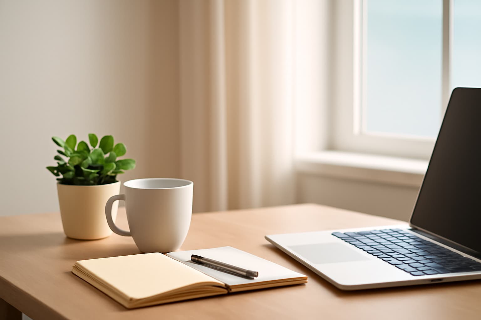 A calm and inviting workspace featuring a minimalist desk with a small plant, a notepad, and a cup of tea, set against a soft, light background, evoking a peaceful and focused atmosphere.