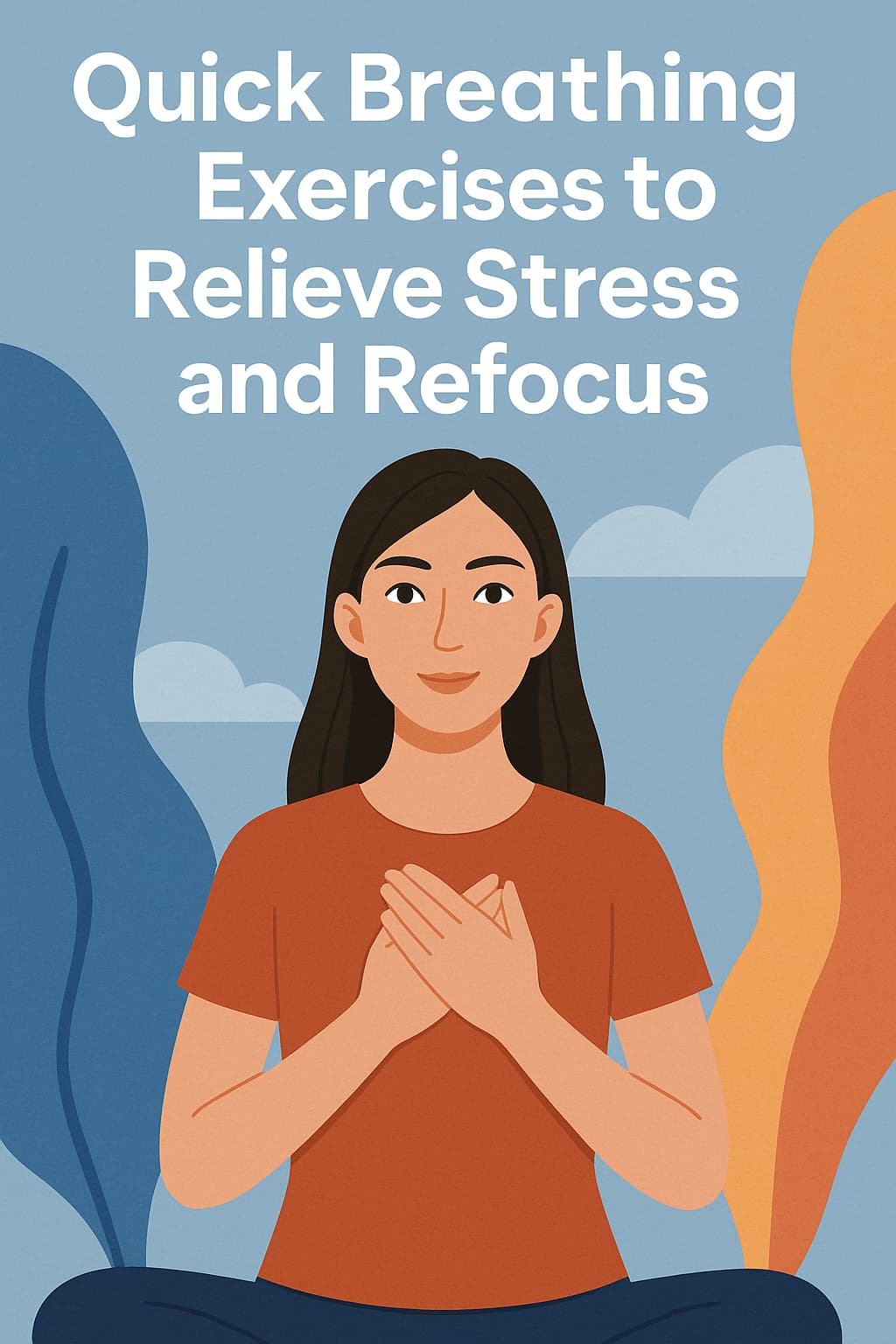 Illustration of a calm woman with eyes closed, hands over chest, practicing a breathing exercise, surrounded by soft abstract shapes suggesting calm and movement.