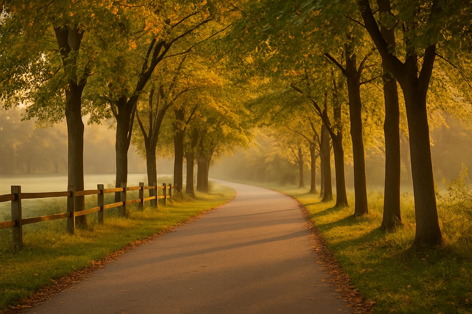 A peaceful paved footpath winding through a tree-lined park on a quiet evening, symbolizing calm and reflection.