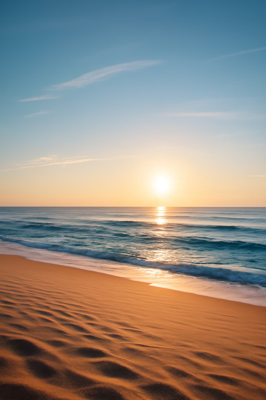 A tranquil beach scene at sunset, with golden light reflecting off the calm ocean waves and smooth sand, evoking peace and relaxation.