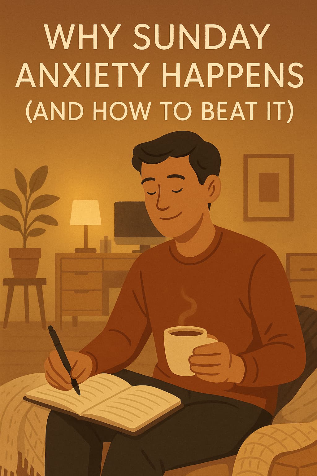 Illustration of a calm man journaling with a warm drink in a cozy room, representing positive ways to manage Sunday anxiety.