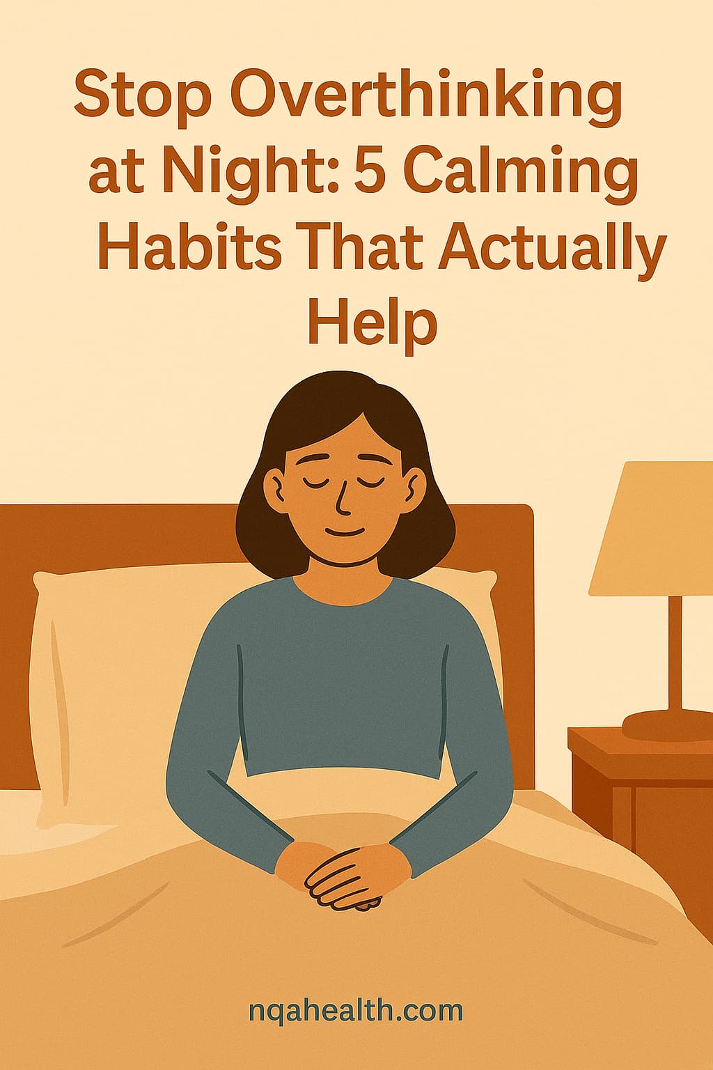 Flat-style illustration of a person sitting calmly in bed with soft lighting, practicing grounding techniques to ease overthinking before sleep.
