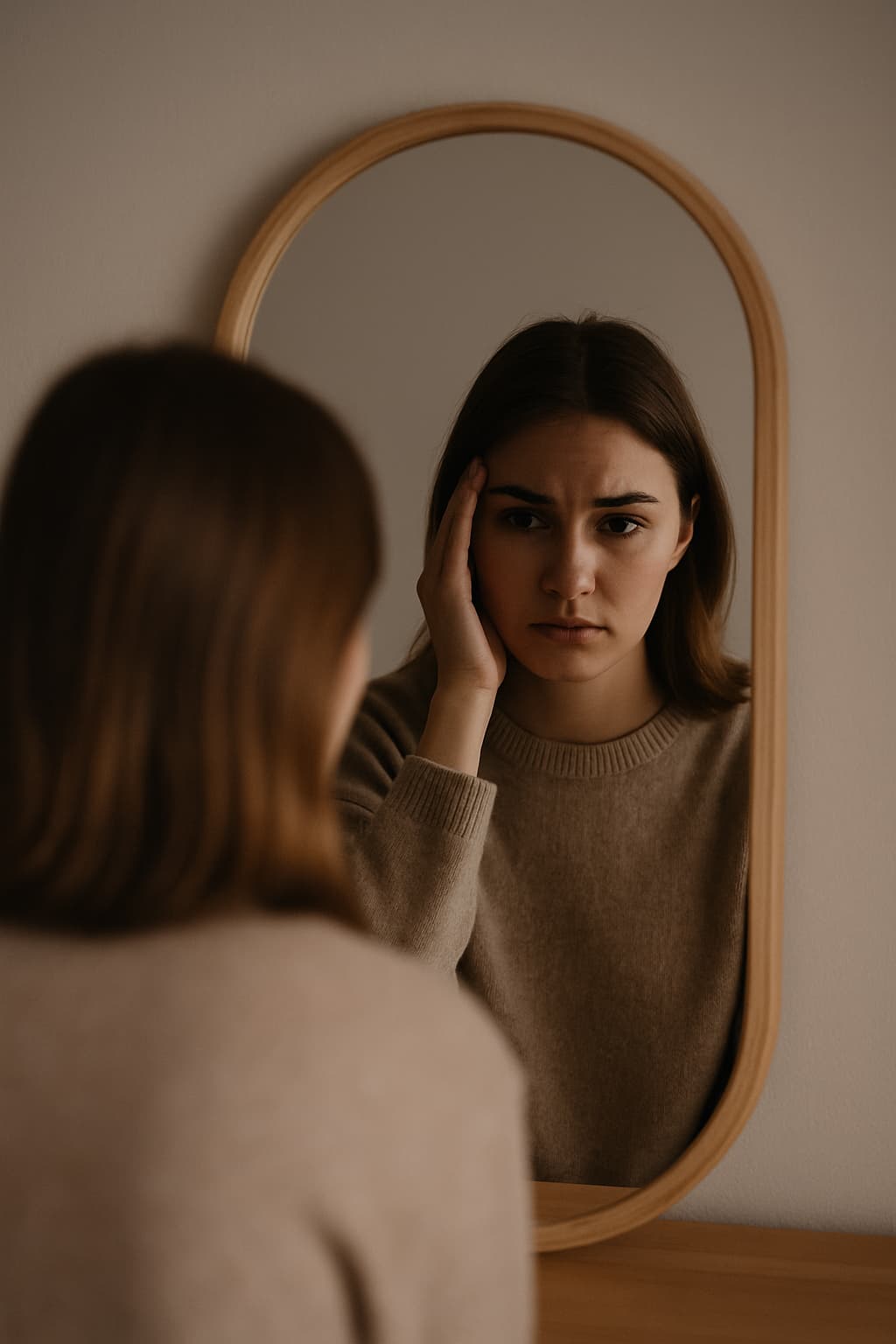 Woman looking at her reflection in a mirror with a thoughtful, slightly anxious expression, symbolizing emotional contrast and Sunday night stress.