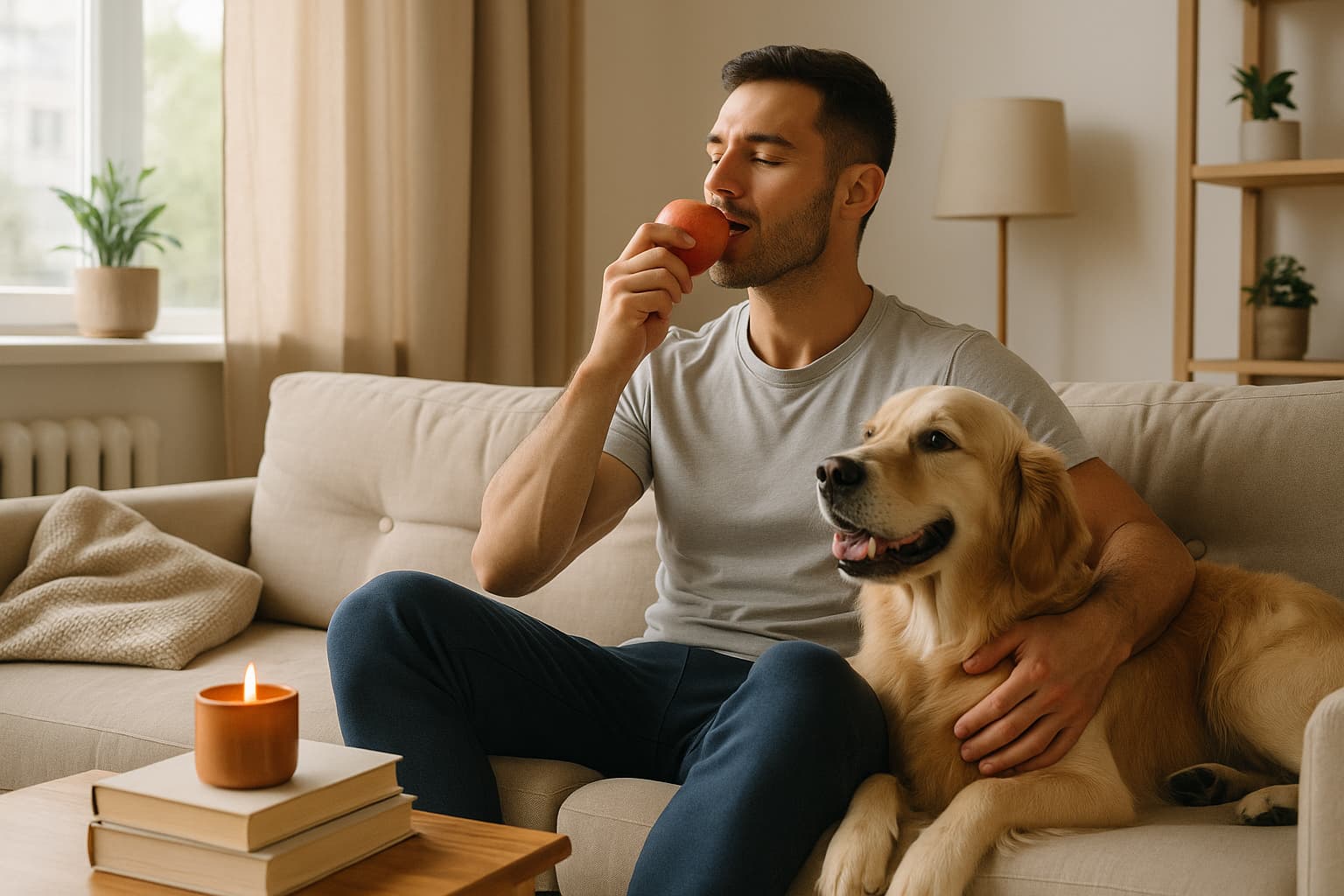 A relaxed man enjoying an apple on a sunny Sunday afternoon with his dog beside him, symbolizing calm and emotional reset before the workweek.
