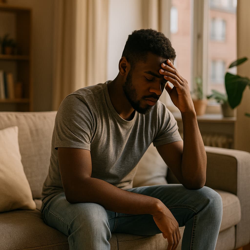 A young man sits thoughtfully in a cozy living room on a quiet Sunday evening, gazing out the window as warm light fills the space — capturing a calm, mindful moment before the workweek begins.