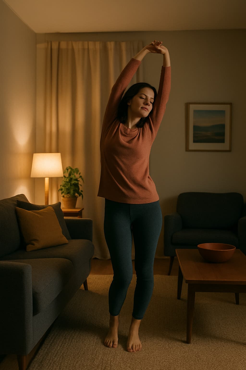 A woman stretches in a softly lit living room on Sunday night, creating a calm evening ritual to ease workweek anxiety.