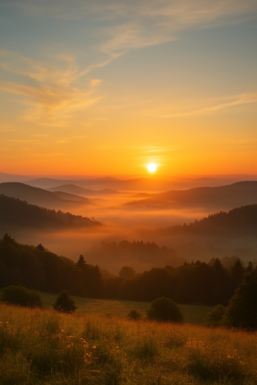 Sunrise over rolling hills and misty valleys with golden light illuminating the landscape, symbolizing calm and renewal.