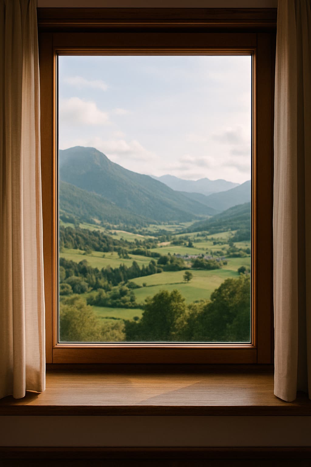 A peaceful view of a wide, green valley seen through a large window, with soft natural light and distant rolling hills, evoking calm and spaciousness.