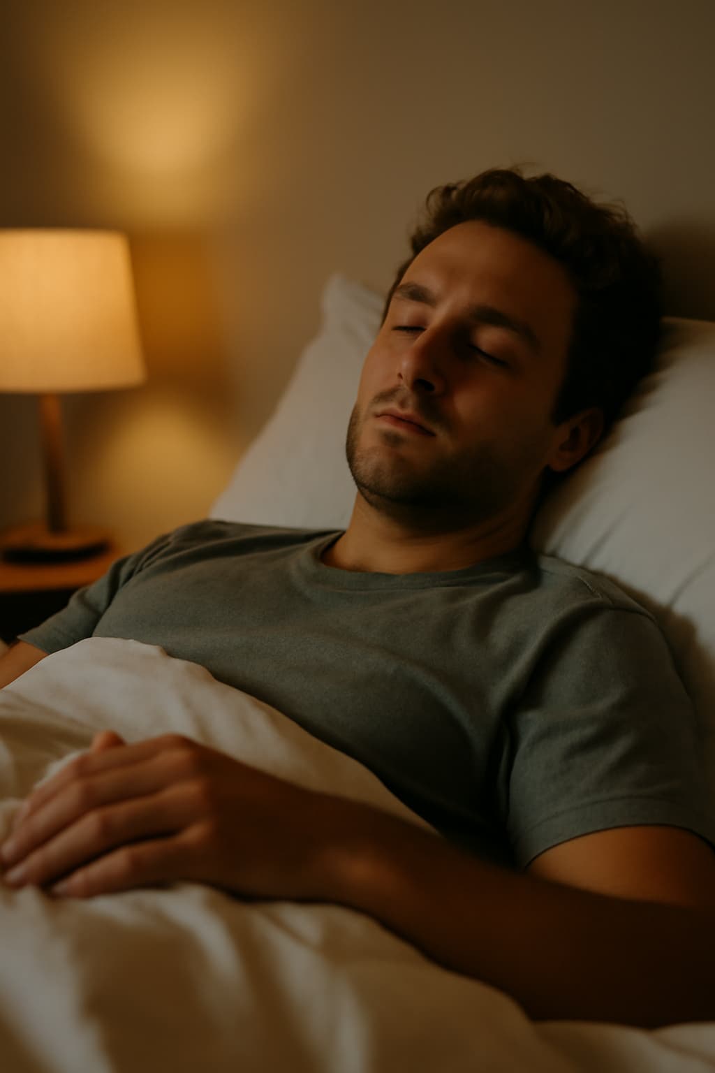 A young man lying in bed with a relaxed expression, holding a pillow close to his chest in a peaceful and comfortable setting, symbolizing relaxation and comfort before sleep.